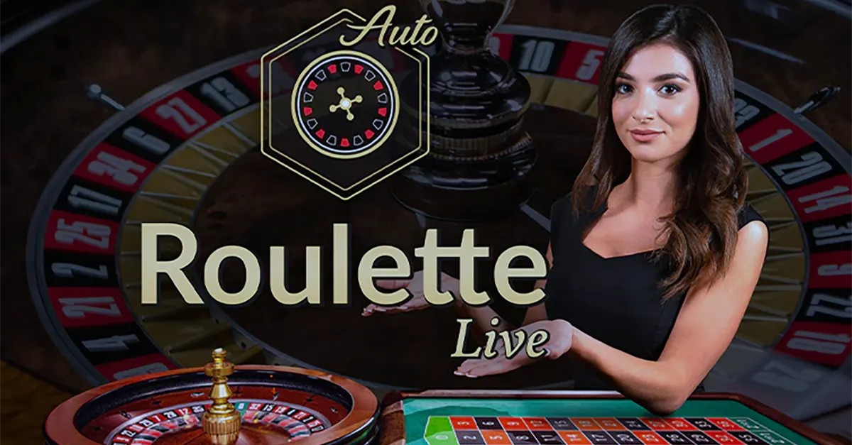 Live auto roulette promotional image showing a female dealer in a black dress beside a roulette wheel and betting layout, with “Auto Roulette Live” text over a blurred roulette table background.