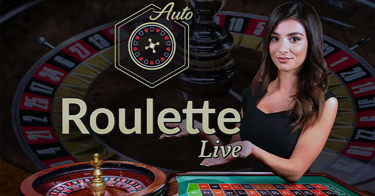 Live auto roulette promotional image showing a female dealer in a black dress beside a roulette wheel and betting layout, with “Auto Roulette Live” text over a blurred roulette table background.